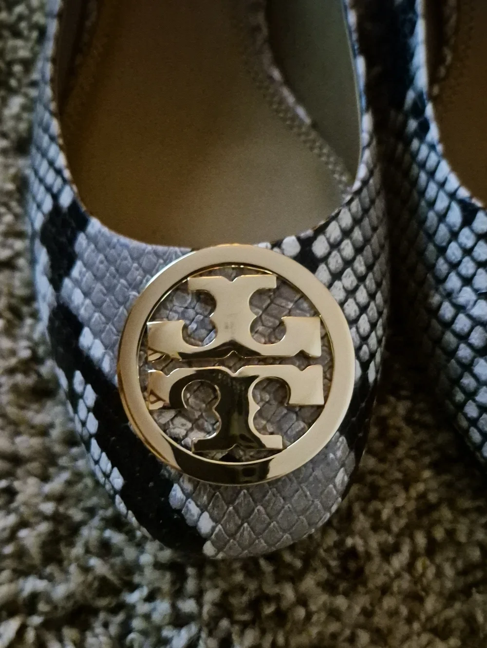 Tory Burch Black & White Snake-Print Reva small heels with Gold Logo